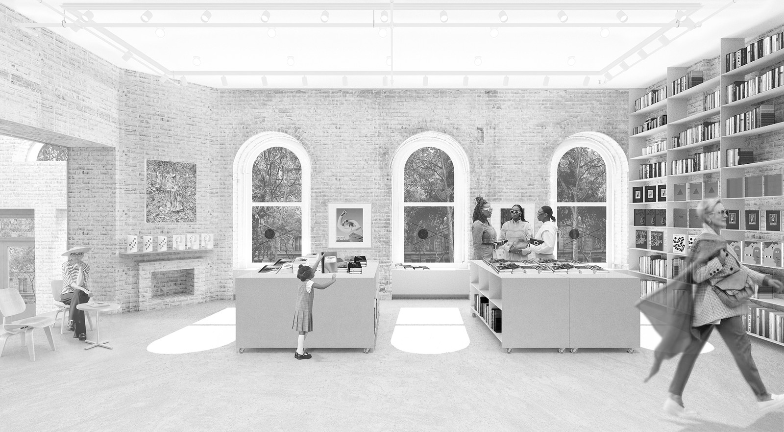A rendering of the Aperture bookstore, with arched windows and shelves of photobooks