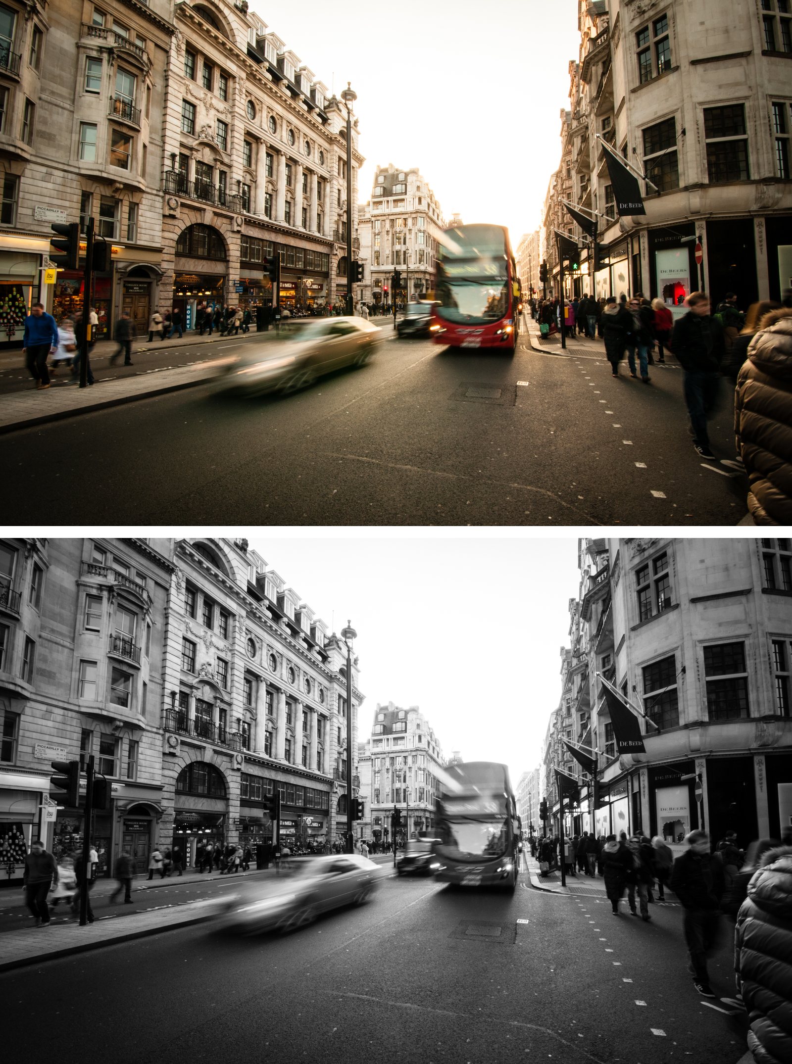 The same London street scene shown twice, above in color with a red double decker bus, below in black and white