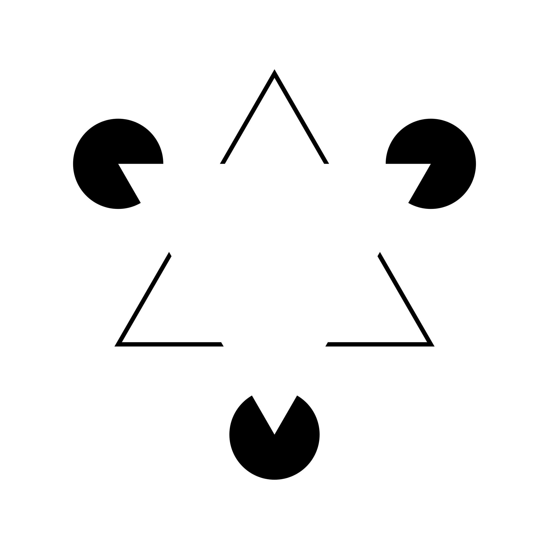 Three black circles with wedges cut out and three pairs of angled lines, arranged so that a white triangle appears where none is drawn