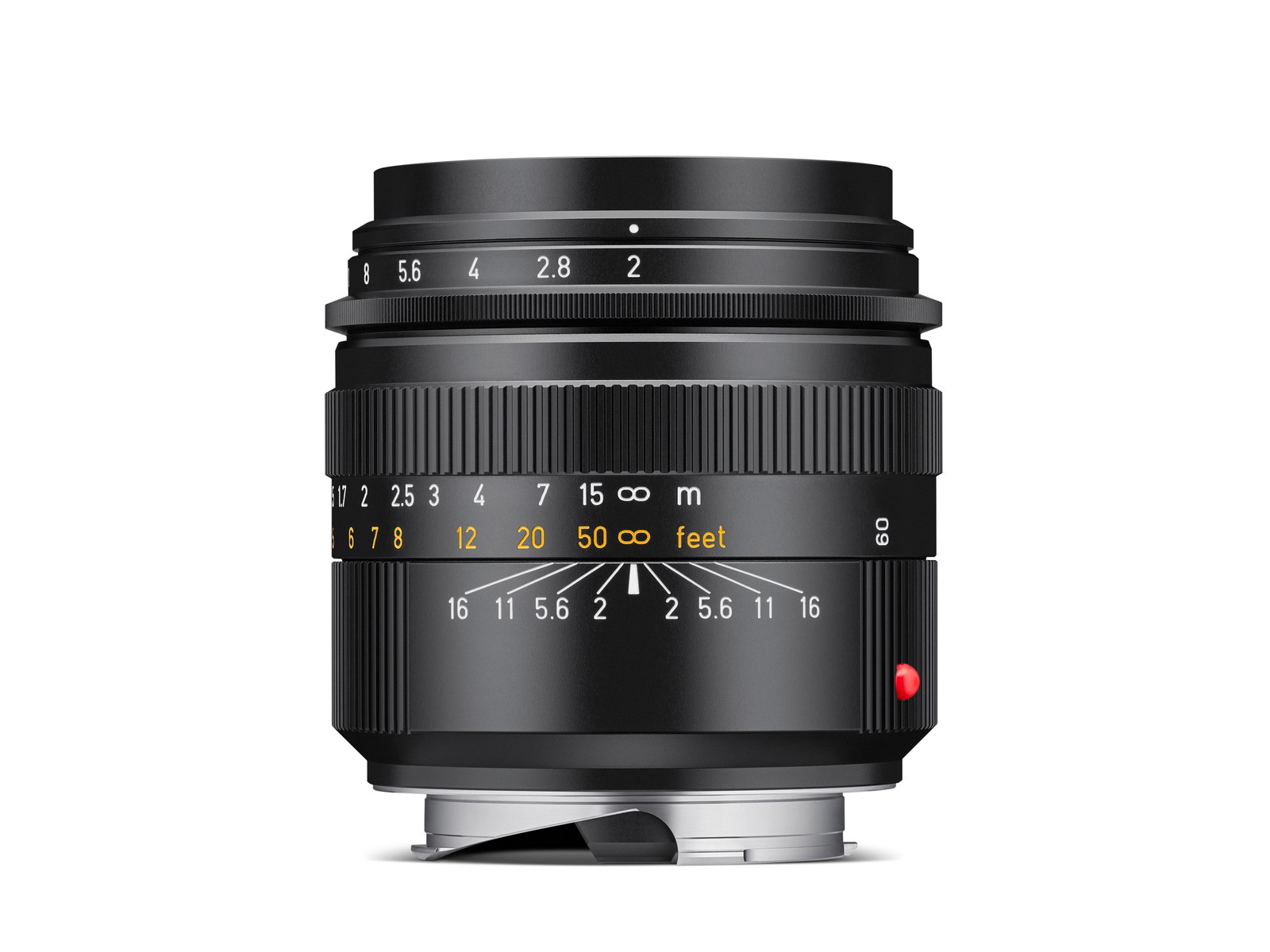 The Leica Summicron-M 66 f/2 lens showing its distance scale in meters and feet and the small 60 engraving