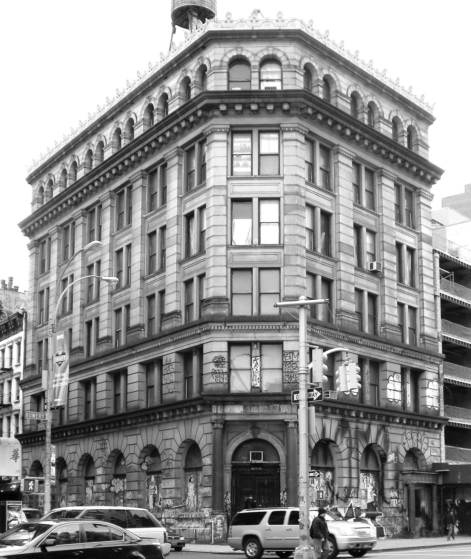 The six story former Germania Bank building at 190 Bowery seen from across the street