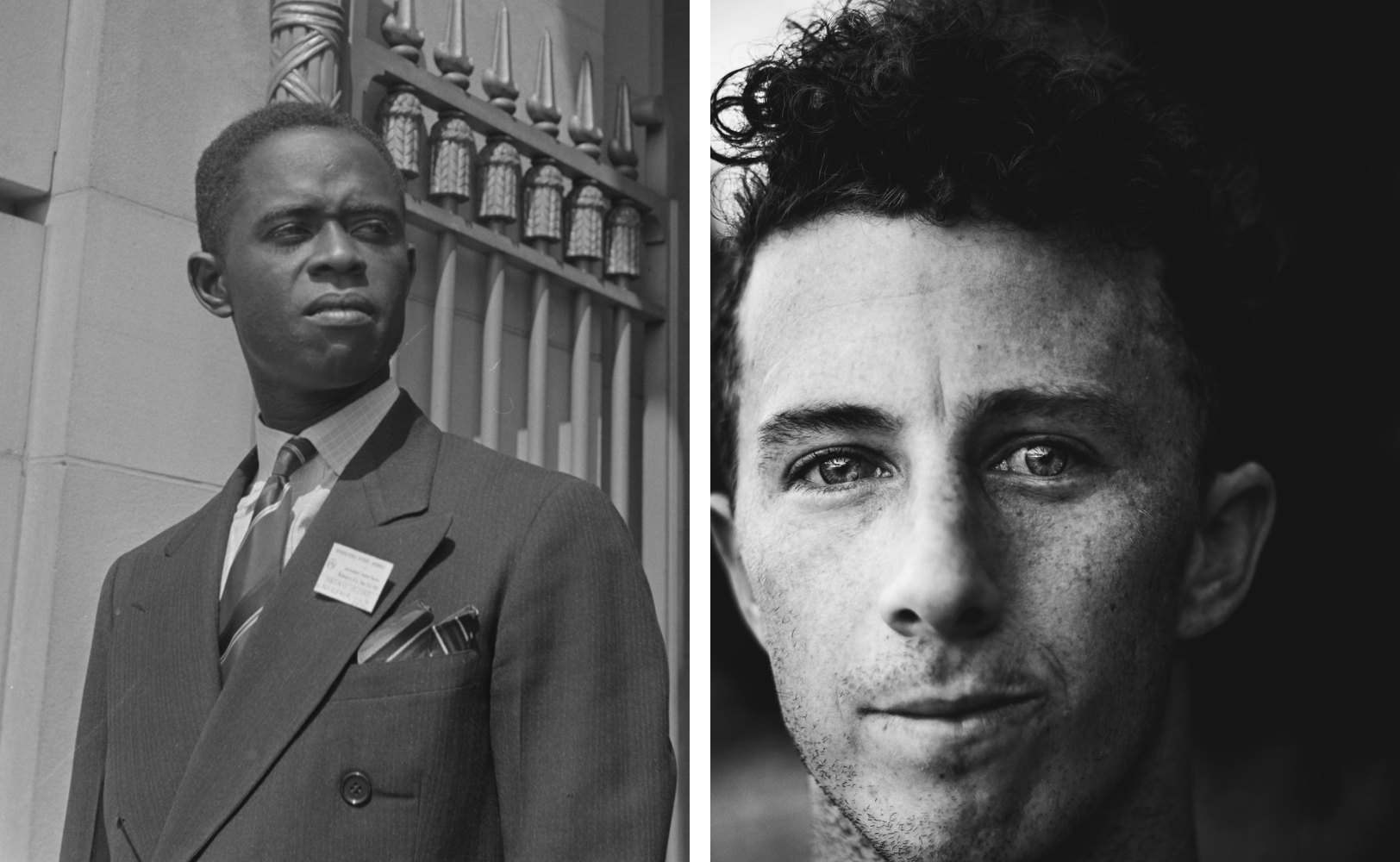 Two black and white portraits side by side, a man in a suit and tie beside a stone doorway, and a close portrait of a young man with curly hair in hard side light