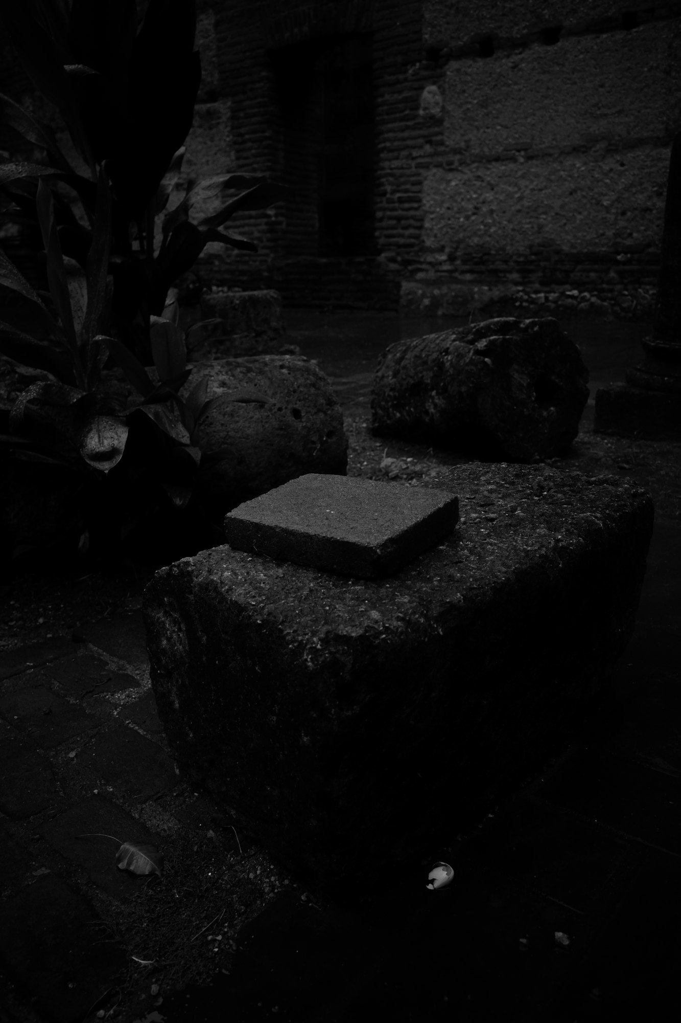 A flat stone slab resting on a block in deep shadow, looking like a book left open on a bench