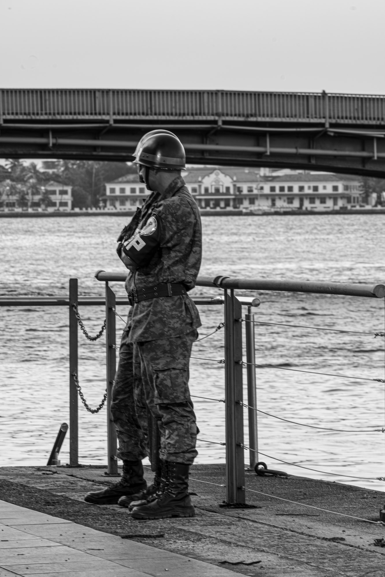 A sentry in camouflage stands at the rail with his back to the bay and a bridge behind him