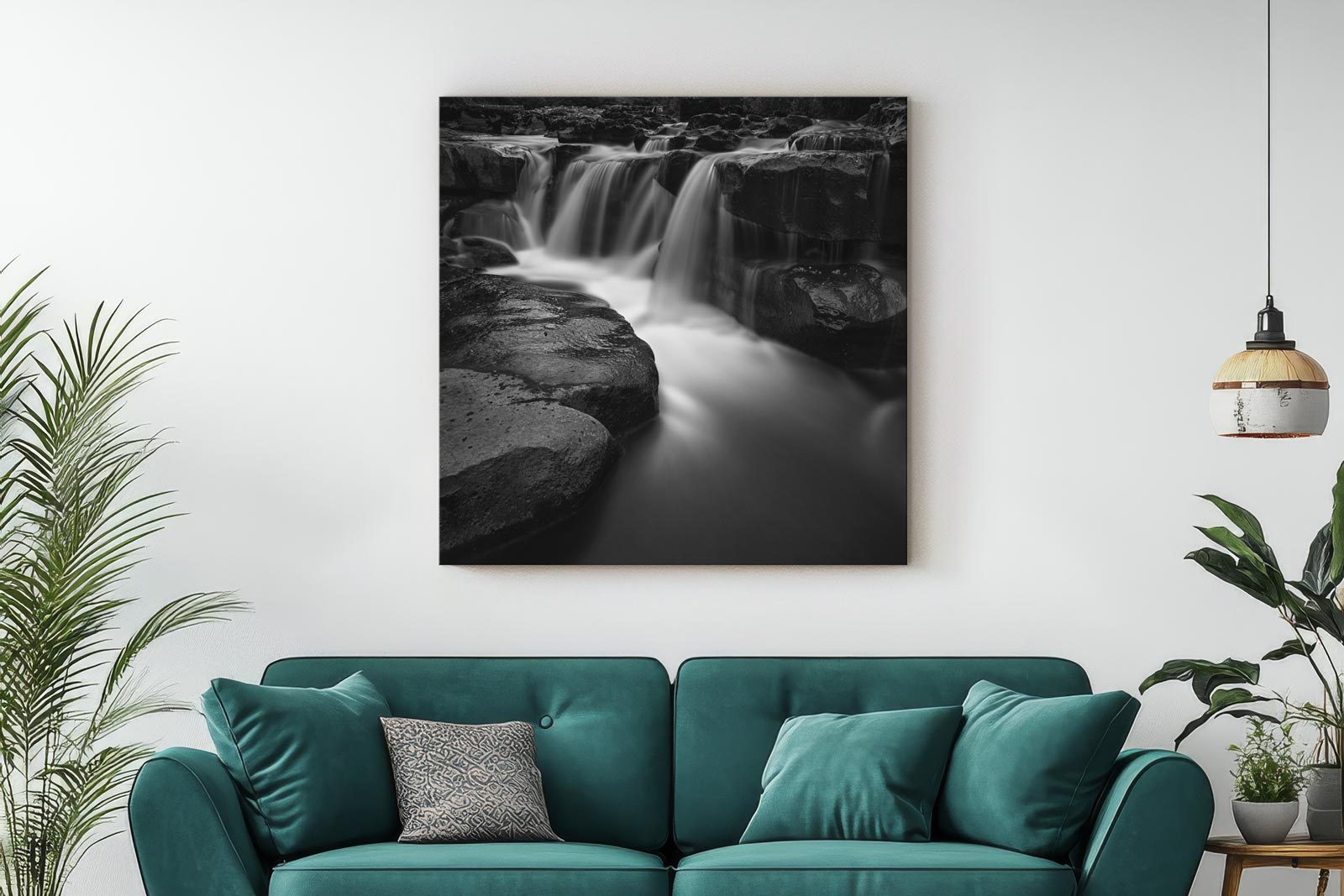 A canvas print of a long exposure waterfall over dark rocks, hanging above a green sofa