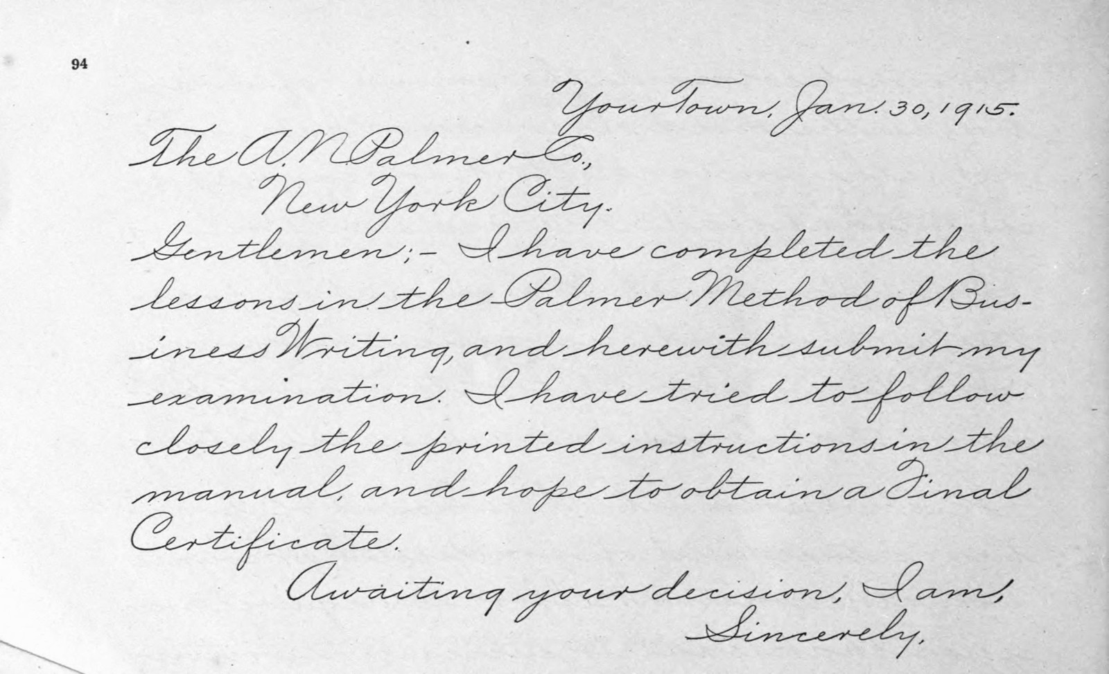 A page of looping cursive from a 1901 Palmer Method manual, written as a sample business letter
