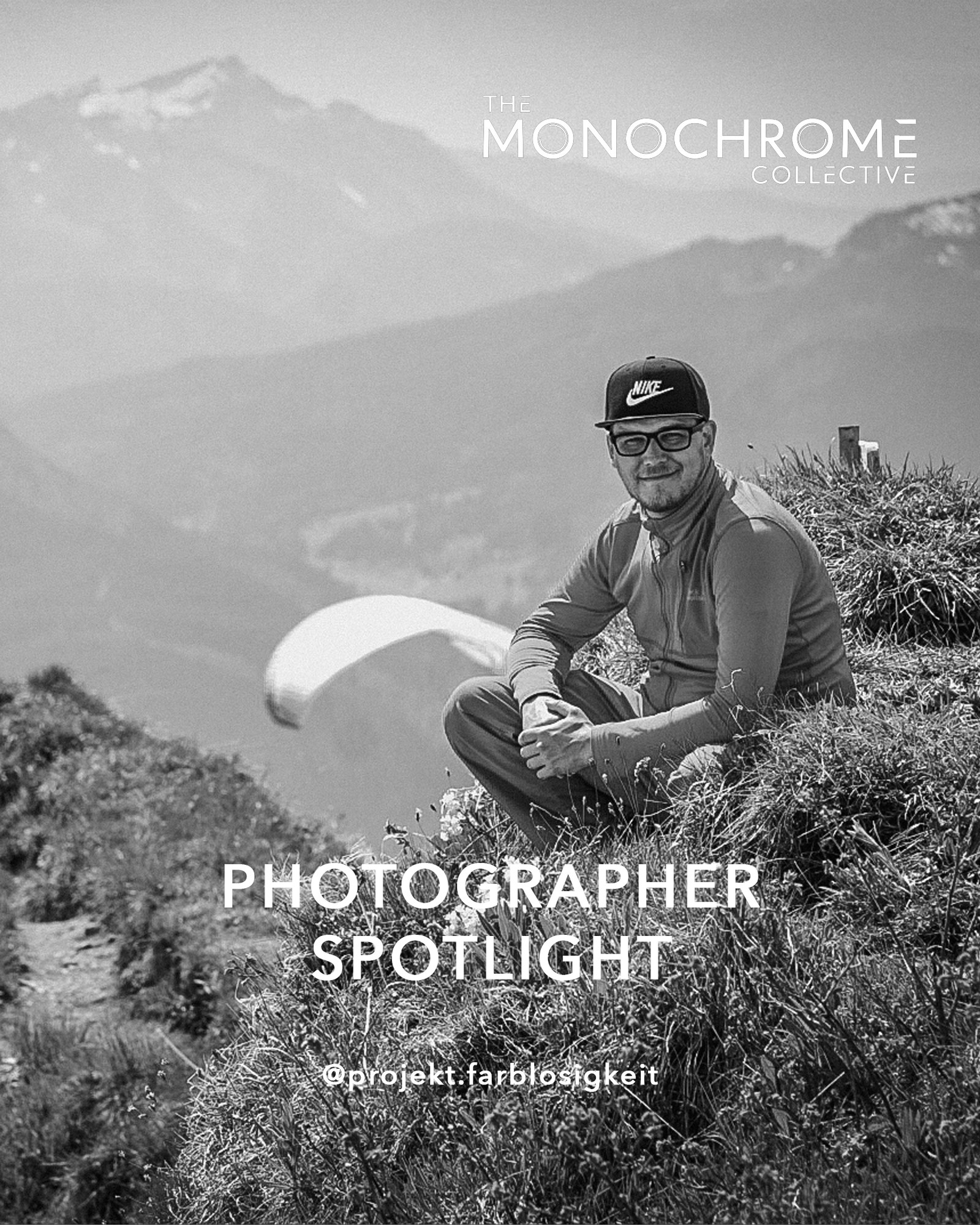 Photographer Spotlight card showing Paul Hillerich on a mountain ridge with his handle projekt.farblosigkeit