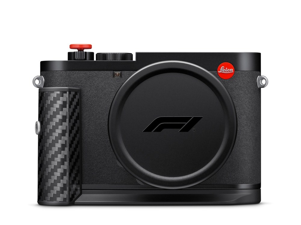Front view of the Leica Q3 43 Formula 1 Edition showing the carbon fiber handgrip and the Formula 1 logo on the lens cap
