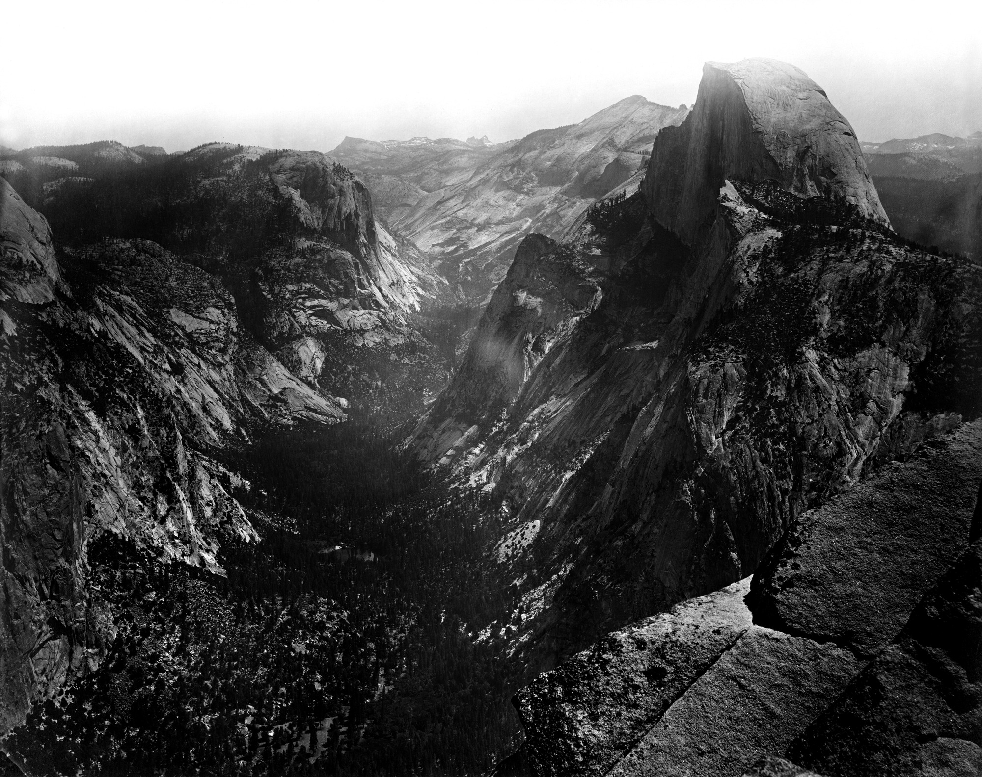 A nineteenth century photograph of Half Dome rising above Yosemite Valley, seen from Glacier Point